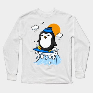 Penguin Surfing Funny Long Sleeve T-Shirt